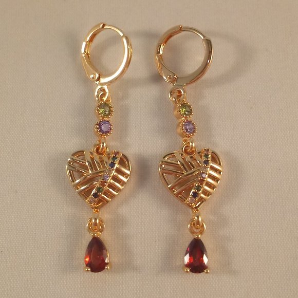18K Yellow Gold Filled Garnet Red Diamond Zircon Carved Heart Dangle Earrings - Picture 2 of 4
